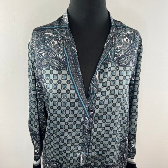ZARA Black/Blue S Popover Blouse Paisley Print Hi Lo Hem V-Neck Long Sleeves - Picture 3 of 9